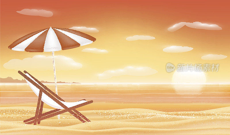 放松沙滩椅伞与日落海滩的背景