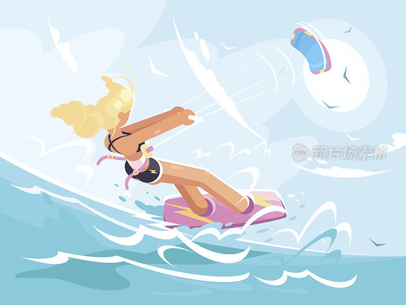 运动女孩在风筝冲浪