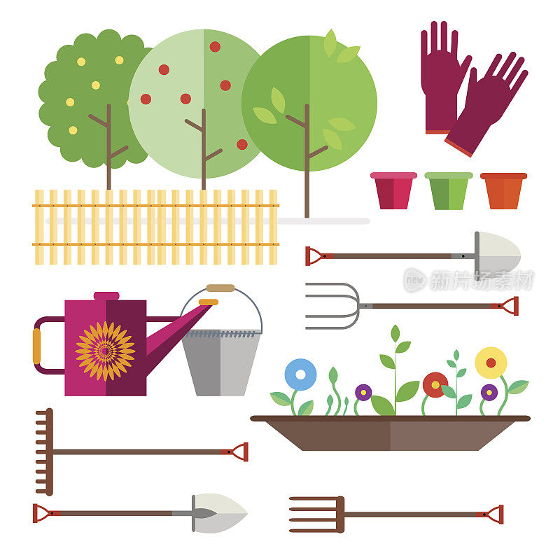 水果花园栅栏。种苗，花，芽，芽。园艺工具