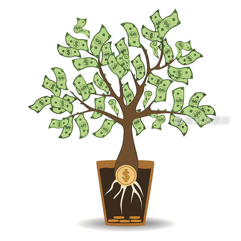 一棵从硬币根上长出来的钱树。绿色现金钞票树在陶瓷壶。现代平面风格的概念矢量插图