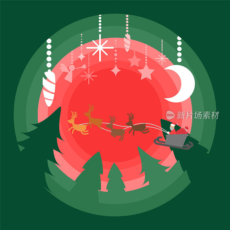 层深艺术——圣诞老人的雪橇飞过青松林下的新月和装饰品，悬挂在天空