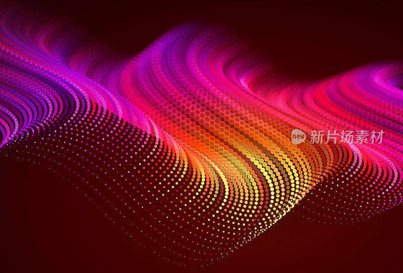 抽象的彩色数字景观与流动的粒子。网络或技术背景。红色，粉色，橙色。