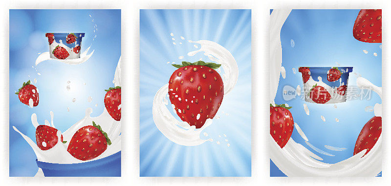 牛奶广告或3d草莓酸奶风味促销套装。牛奶飞溅与水果孤立的蓝色背景。即食燕麦片广告，开放式背景，3d插图