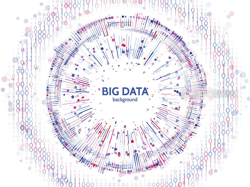 大数据连接结构。用线、点和二进制编码的抽象元素。大数据可视化。
