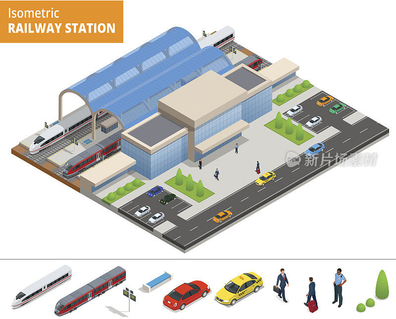 矢量等距信息图元素火车站建筑终端。城市的火车。火车站公共火车站建筑与客运列车、站台、相关基础设施