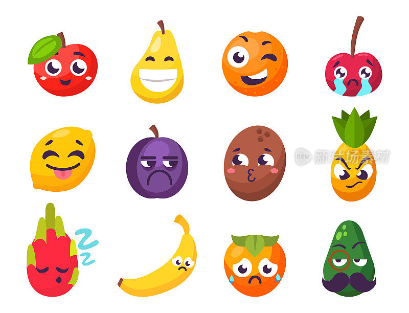卡通情感水果人物自然食物向量微笑自然快乐的表情多汁的吉祥物美味的设计