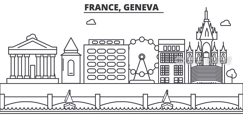 法国，日内瓦建筑线天际线插图。线性向量的城市景观与著名的地标，城市景观，设计图标。风景与可编辑的笔触