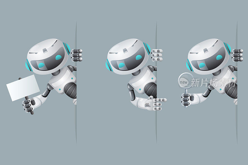 机器人看外面的角落海报在手上指着横幅，手持放大镜技术科幻未来可爱的小销售3d设计矢量插图