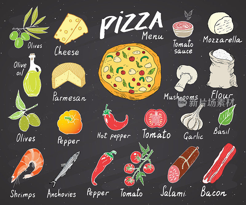 披萨菜单手绘素描集。披萨制作设计模板采用奶酪、橄榄、意大利腊肠、蘑菇、番茄、面粉等配料。矢量插图黑板背景