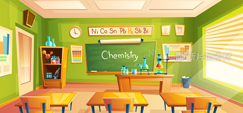 向量学校实验室，教室内部，化学室。教育化学实验、橱柜家具。