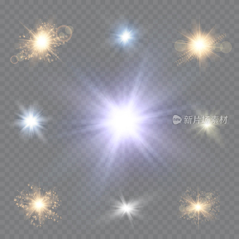 白色发光的光在透明的背景上爆炸。光线装饰效果的矢量插图。明亮的恒星。
