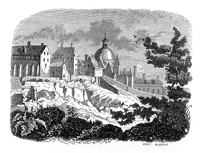 法国修道院和修道院，古法国修道院雕刻插图(修道院)，1846