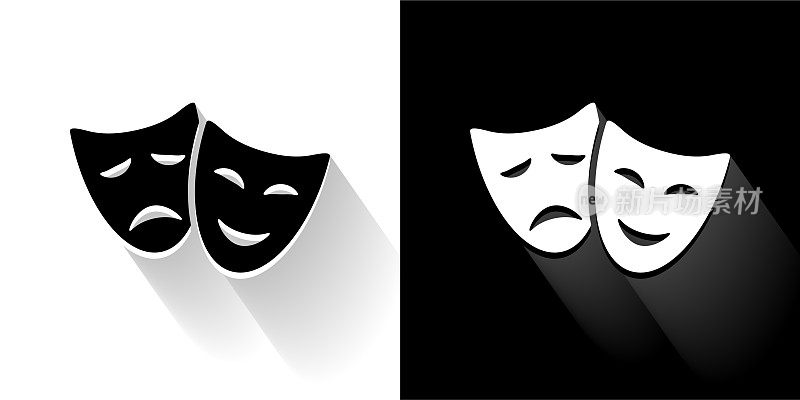 戏剧喜剧和悲剧黑色和白色与长影子的图标