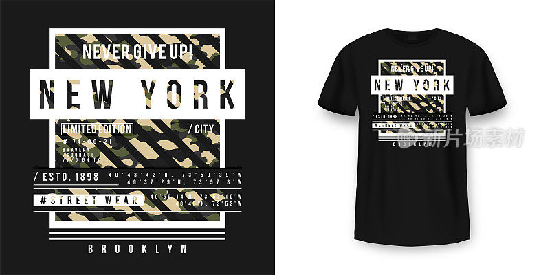 军旅风格的t恤设计，带有迷彩纹理。纽约市印刷与口号衬衫印刷。黑色t恤模型与图形印花