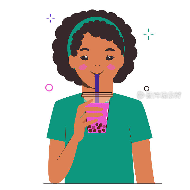 年轻女孩喝珍珠奶茶或珍珠奶茶。台湾著名和流行的饮料与木薯黑珍珠。平面卡通插图上的白色背景。