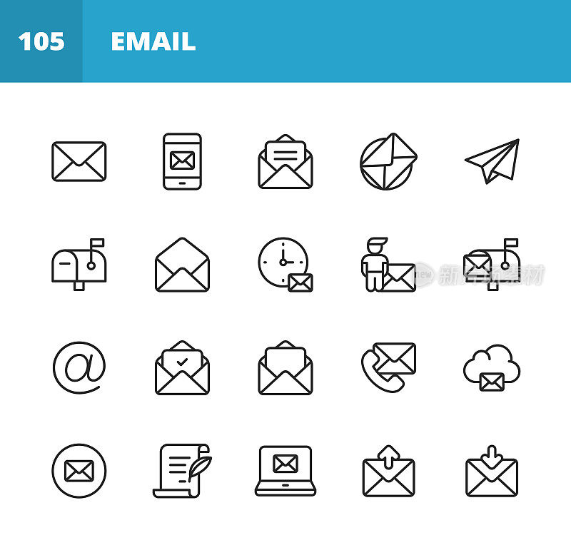 电子邮件和消息行图标。可编辑的中风。像素完美。移动和网络。包含如电子邮件，消息，文本消息，通信，邀请，语音气泡，在线聊天，办公室，社交媒体，远程工作，在家工作。