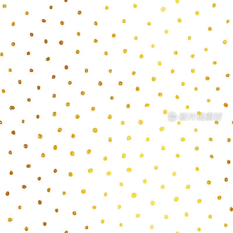 不均匀的凌乱的手绘金色波尔卡点孤立的白色背景-抽象的纹理模式-涂鸦在纸上的背景矢量