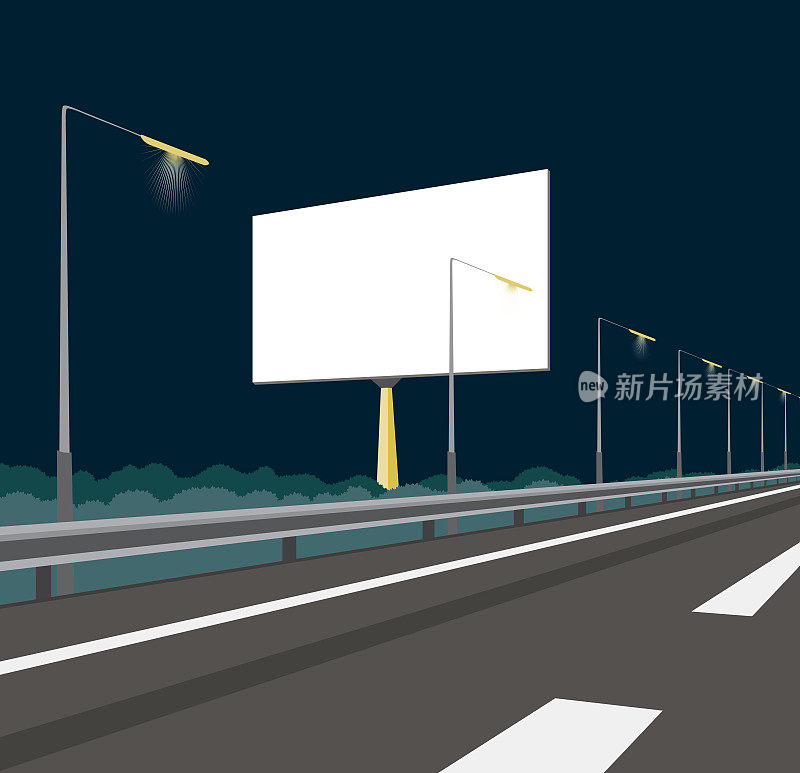 空白广告牌和高速公路在夜间矢量插图