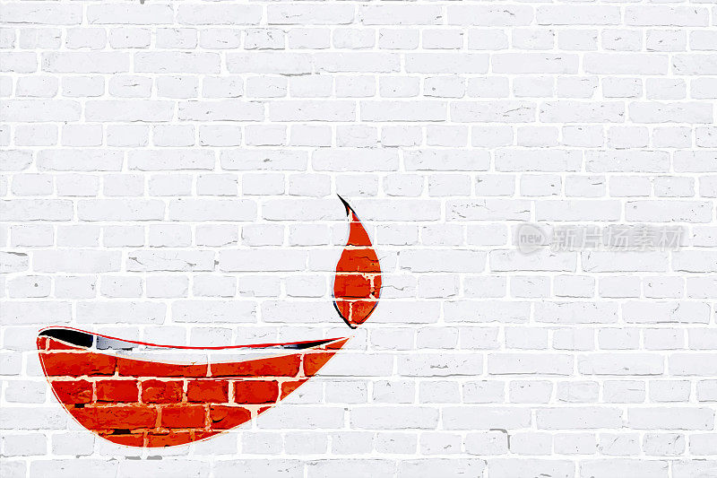一个红色的迪帕克或diva在白色砖纹理墙;枯燥乏味的向量的背景