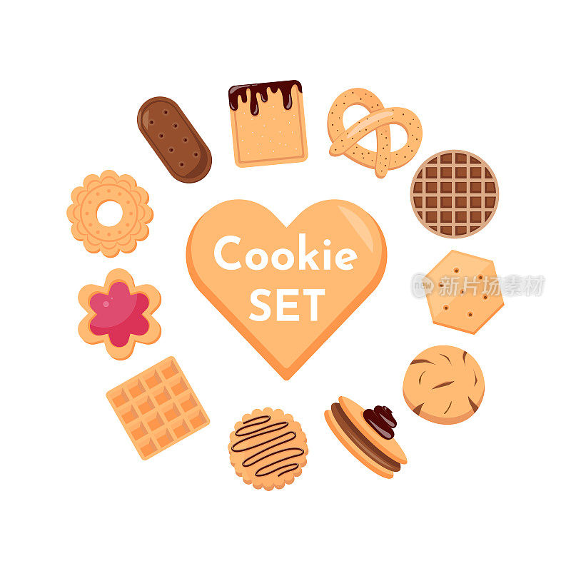 饼干和饼干图标收集孤立在白色背景。美味饼干卡通矢量插图甜食。