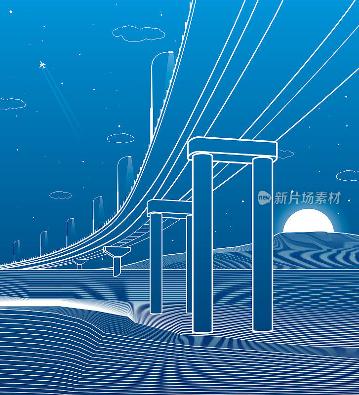 概述公路桥。汽车天桥。基础设施插图。矢量设计艺术。蓝色背景上的白线。