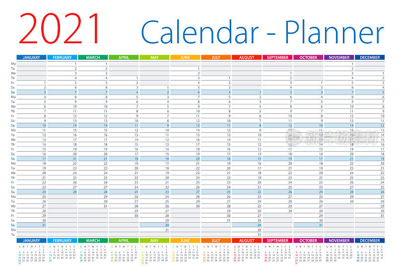 2021年日历计划。矢量插图。