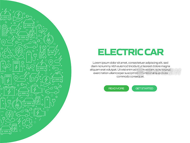 带图案的电动汽车相关横幅设计。现代线条风格图标矢量插图