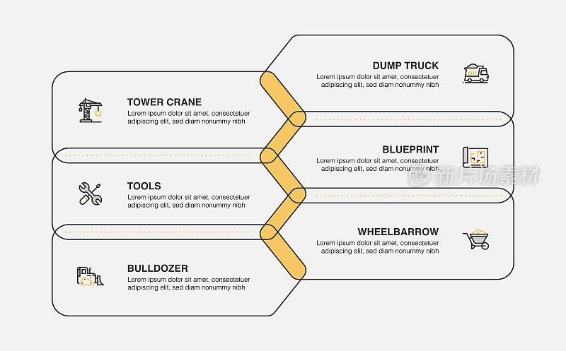 信息图表设计模板。塔吊，自卸卡车，蓝图，独轮车，工具，推土机图标6个选项或步骤。