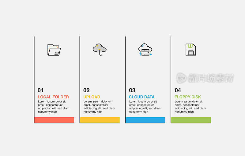 信息图表设计模板。本地文件夹，上传，云数据，软盘图标与4个选项或步骤。