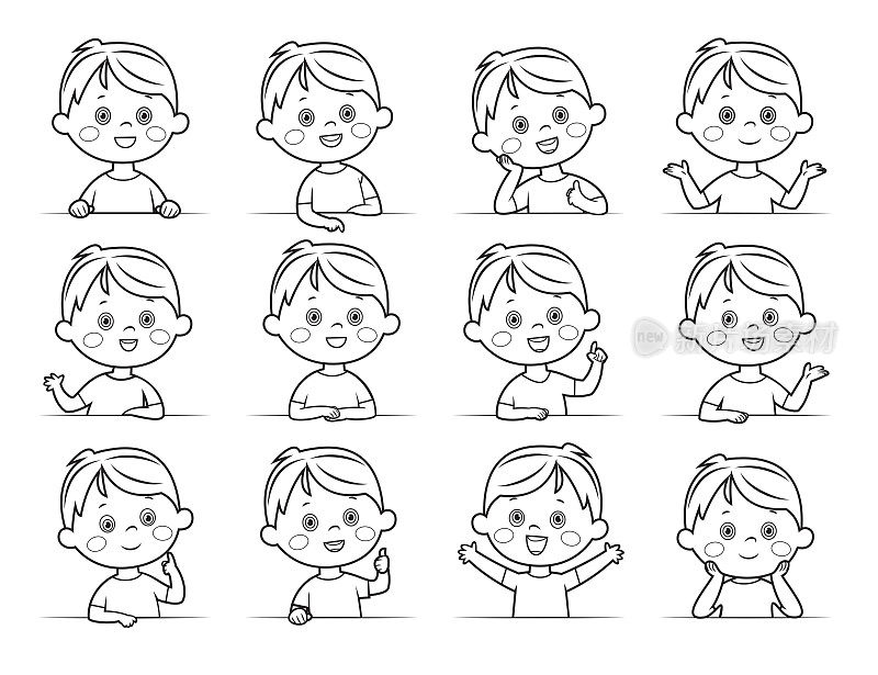 黑色和白色，小男孩的面部表情，卡通矢量插图孤立在白色的背景