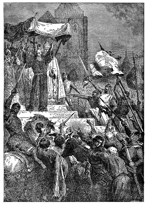 隐士彼得和教皇乌尔班二世宣讲第一次十字军东征在法国克莱蒙特——11世纪
