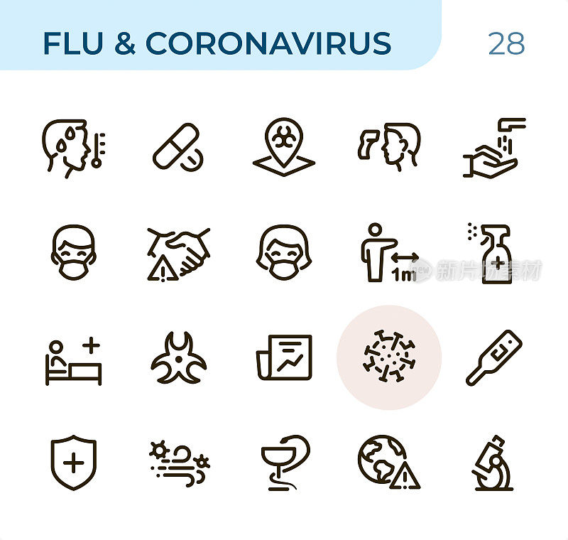 流感和冠状病毒-完美像素单色线条图标