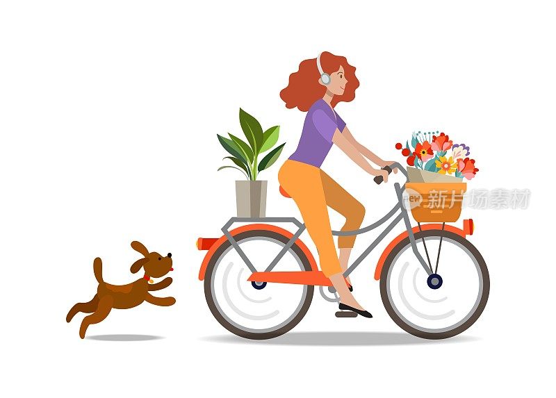 女孩骑着自行车，带着可爱的小狗和鲜花。平面风格的插图。