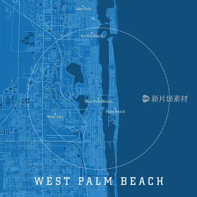 西棕榈滩FL城市矢量路线图蓝色文本