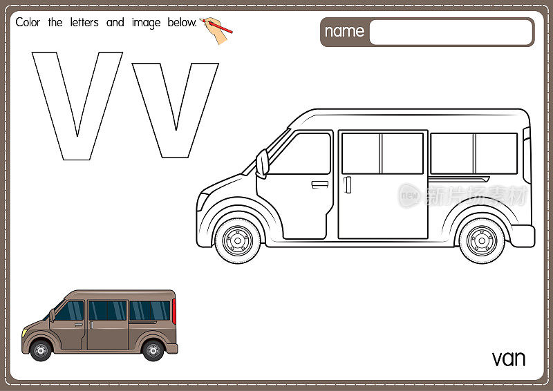 矢量插图的儿童字母着色书页与概述剪贴画，以颜色。字母V代表Van。