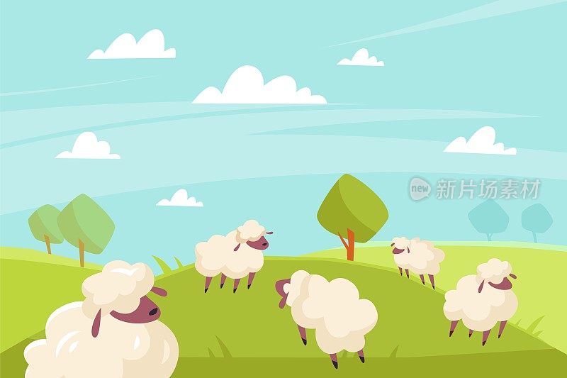 可爱的羊吃草。绿色的草地和蓝天，乡村夏日阳光明媚的风景，农场动物户外。可爱的毛绒绒的母羊在自然背景。田园风光，矢量卡通平面孤立概念