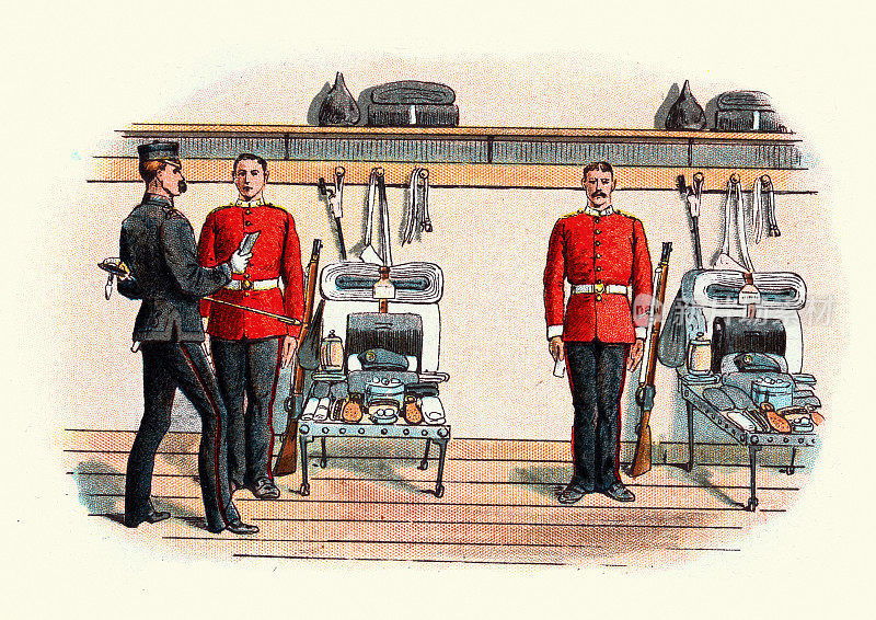 营房，军官检查士兵的装备，检查装备，维多利亚时期的英国军队19世纪