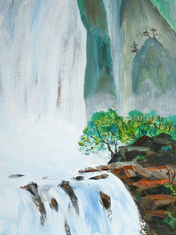 油画中的瀑布在山上和岸边的树木