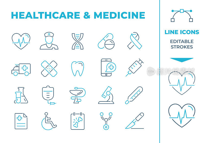 医疗保健和医药-两个彩色线图标。可编辑的中风。向量股票插图
