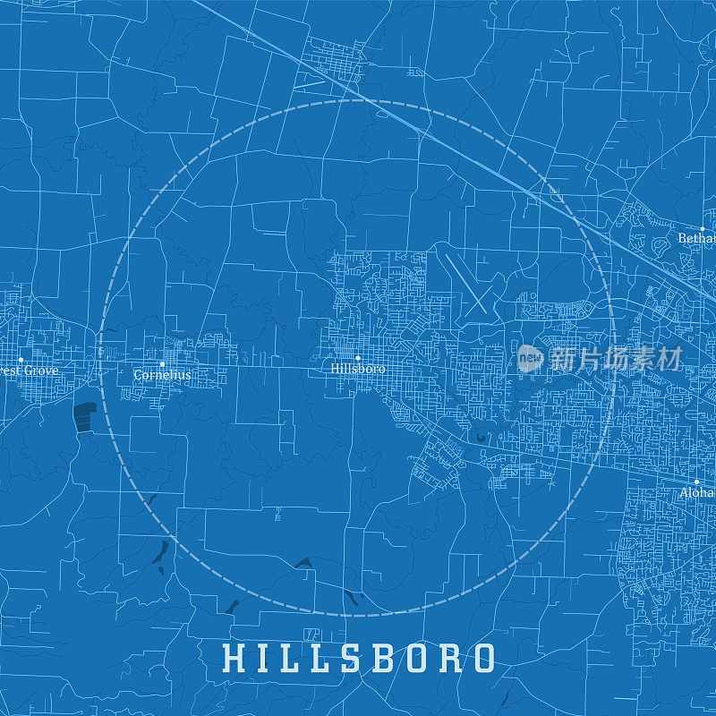 希尔斯伯勒或城市矢量道路图蓝色文本