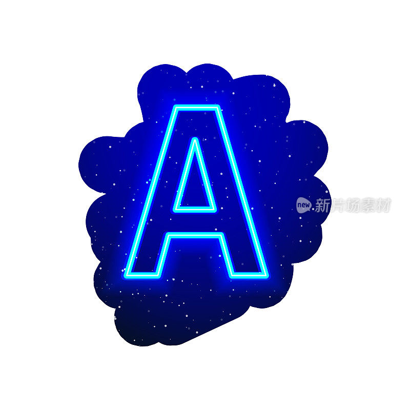 LED蓝光霓虹灯字体。现实的霓虹灯爆炸。字母A星星间的夜景。
