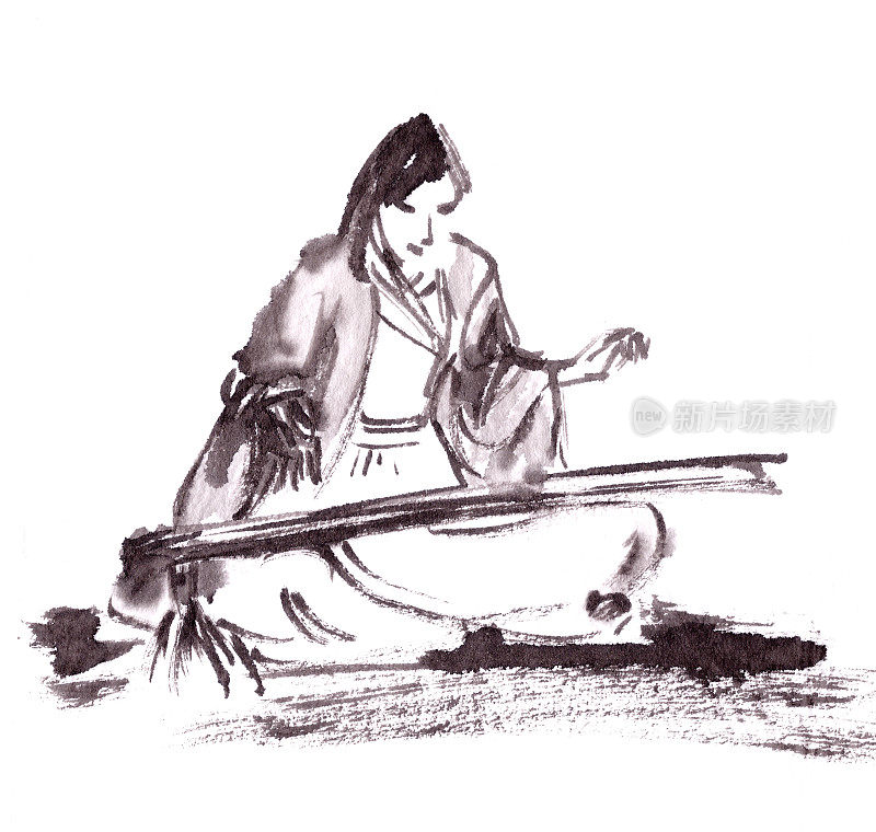 中国女音乐家穿着中国服装演奏古琴，画着中国风格的水墨画