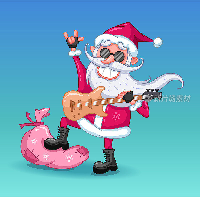 酷圣诞老人与电子吉他站在礼物袋，卡通圣诞插图