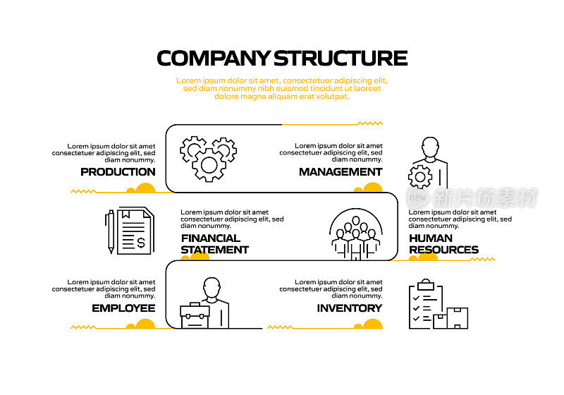 公司结构相关流程信息图表模板。过程时间图。带有线性图标的工作流布局