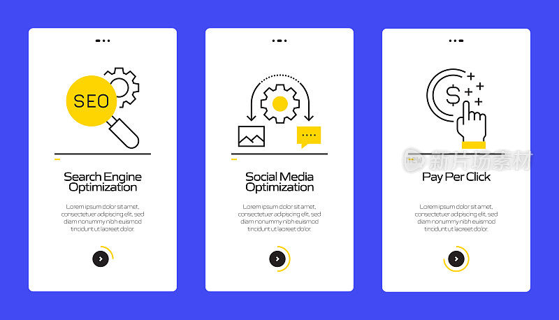 搜索引擎优化概念Onboarding移动应用程序页面屏幕与平面图标。用户体验，UI设计模板矢量插图