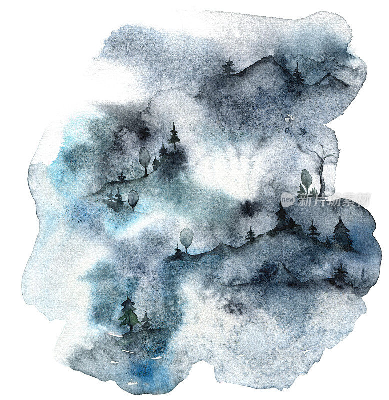 山峦和冬季森林的水彩极简卡片。手绘抽象冷杉树插图孤立的白色背景。野生动物组成设计，打印，织物或背景。