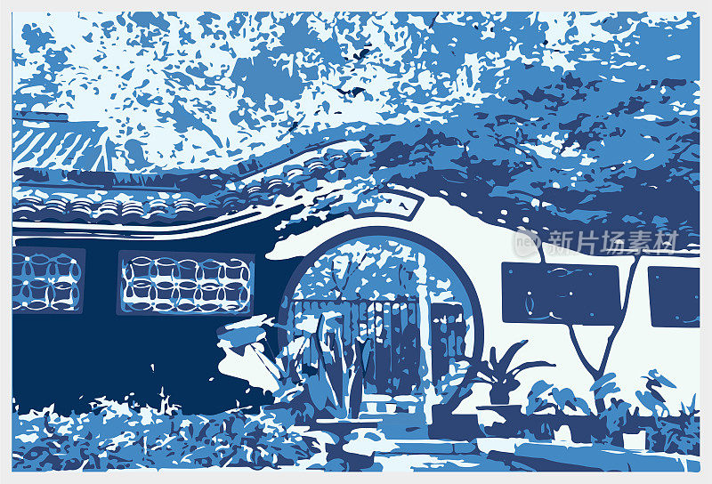 矢量蓝版画艺术风格中国古典园林建筑景观插图背景