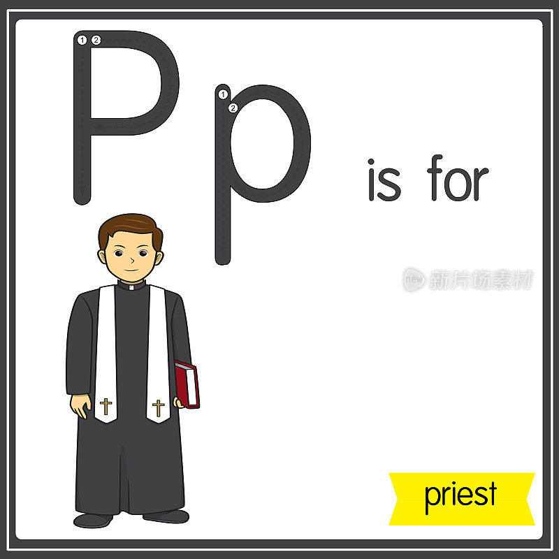 矢量插图学习字母为儿童与卡通形象。字母P代表牧师。
