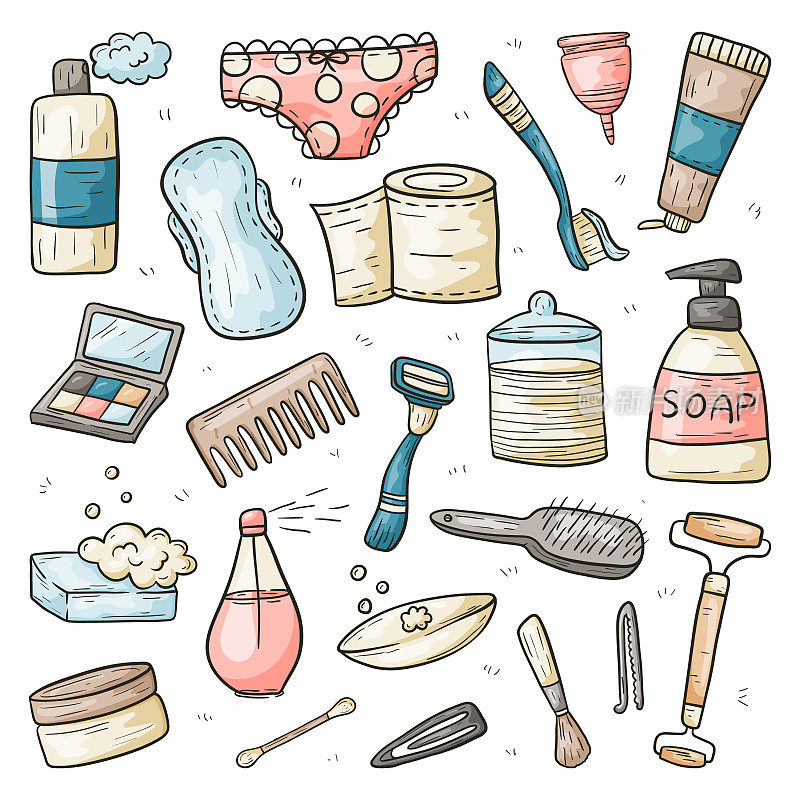 一组矢量涂鸦美丽图标。个人用品及卫生工具。