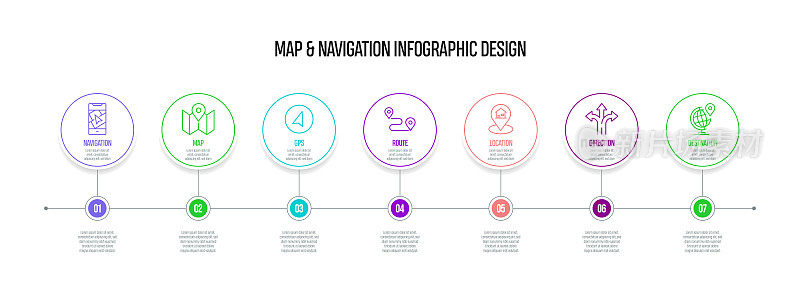 地图和导航概念矢量线信息图形设计图标。7选项或步骤的介绍，横幅，工作流程布局，流程图等。
